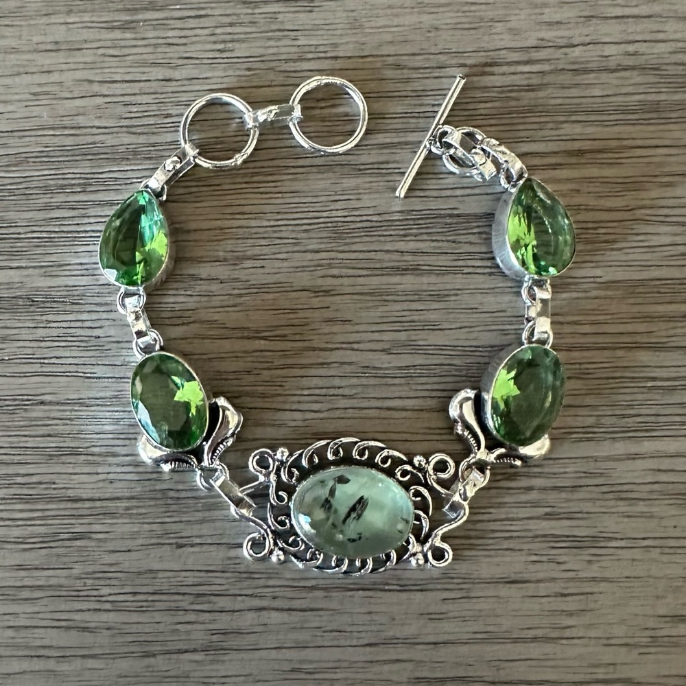 0998 Prehnite Peridot Bracelet Handmade Gemstone Silver Statement Jewelry - Picture 3 of 8